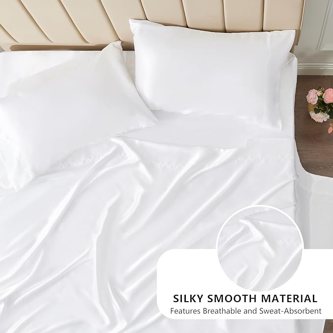 CozyLux Satin Sheets King Size Sheet Set - 6 Piece Silky King Sheets, Luxury White King Bed Set with Smooth and Soft Microfiber, Includes 1 Fitted Sheet, 1 Flat Sheet and 4 Pillowcases