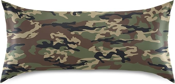 Green Army Camo Satin Pillowcase for Hair and Skin, Army Camouflage Military Silk Pillow Case with Envelope Closure, King Size 20x40 inches, 1 PC