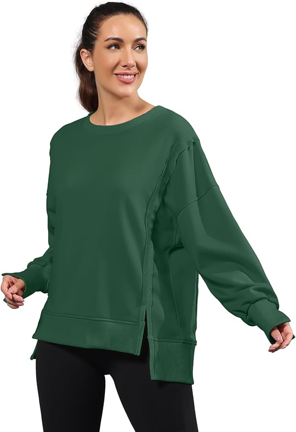 Nirovien Womens Oversized Crewneck Sweatshirt Side Slit Long Sleeve Pullover Slouchy Fit Tops