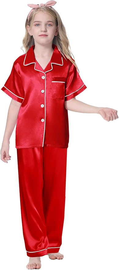 Umeyda Girls Womens Pajamas Set, Satin Silky Button Down Loungewear 2 Piece Short Sleeve Pants PJS Sets for Mommy Kids