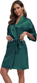 Women's Short Satin Robes Silky Bathrobe Bridesmaid Sleepwear for Wedding Party Getting Ready Solid Color