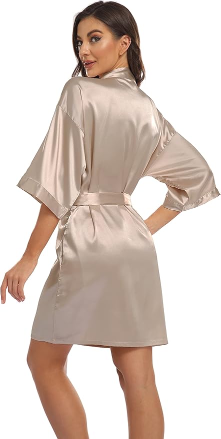 Women's Pure Short Kimono Robes Bride Bridesmaids Silky Bathrobe Lightweight Satin Sleepwear