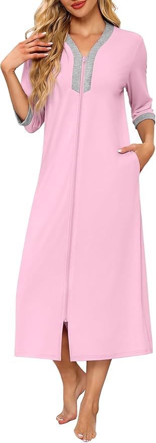 Ekouaer Women's Zipper Robe 3/4 Sleeves Housecoat Full Length Nightgown Soft Loungewear Robe with Pockets S-3XL