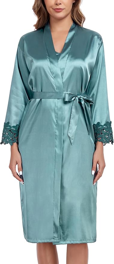 BestWendding Women's Silk Robe Set 2 Pieces Pajamas Sets Sexy Soft Satin Robe with V Neck Camisole Lingerie Nightgown