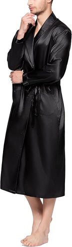 Lavenderi Mens Silky Satin Lounge Robe, Long Lightweight Sleepwear