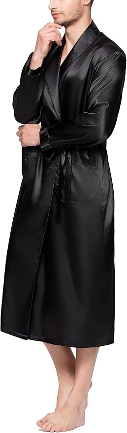 Lavenderi Mens Silky Satin Lounge Robe, Long Lightweight Sleepwear