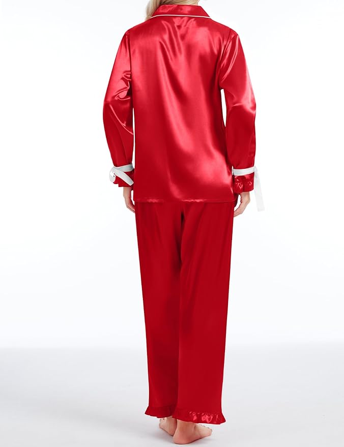 SWOMOG Womens Silk Satin Pajamas Set Long Sleeve Button Down Sleepwear 2 Piece Lounge Set Pj Set XS-3XL