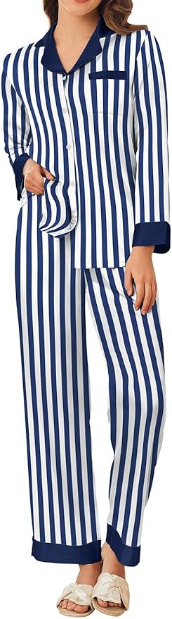 Ekouaer Silk Pajamas for Women Long Sleeve Satin Pajama Set Silky Pj Sets 2 Piece Button Down Loungewear Sleepwear