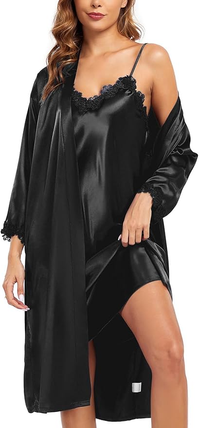 BestWendding Women's Silk Robe Set 2 Pieces Pajamas Sets Sexy Soft Satin Robe with V Neck Camisole Lingerie Nightgown