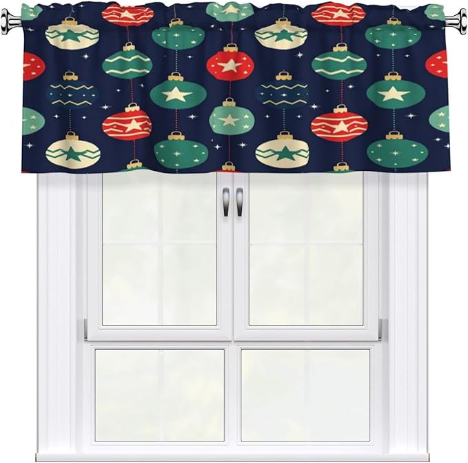 Christmas Ornaments Stars and Stripes Art Night Sky Background Curtain Valance 54x18in, Soft Peach Skin Polyester Window Treatment with 3in Rod Pocket, Light Filtering for Kitchen Bath