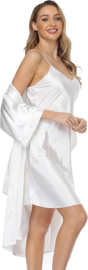 Women's Satin Robes Set with Nightgown Silk Kimono Pajamas 2 Piece Sleepwear Camisole Wedding Bride Gown Set