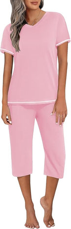 Ekouaer Women's Sleepwear Capri Pajama Sets Short Sleeve Two-Piece Pjs V Neck Tops & Capri Pants with Pockets S-3XL
