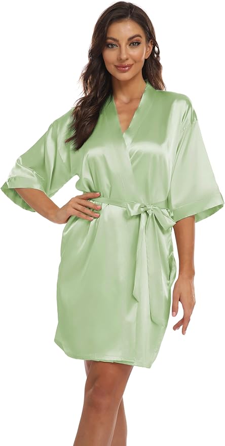 Women's Pure Short Kimono Robes Bride Bridesmaids Silky Bathrobe Lightweight Satin Sleepwear