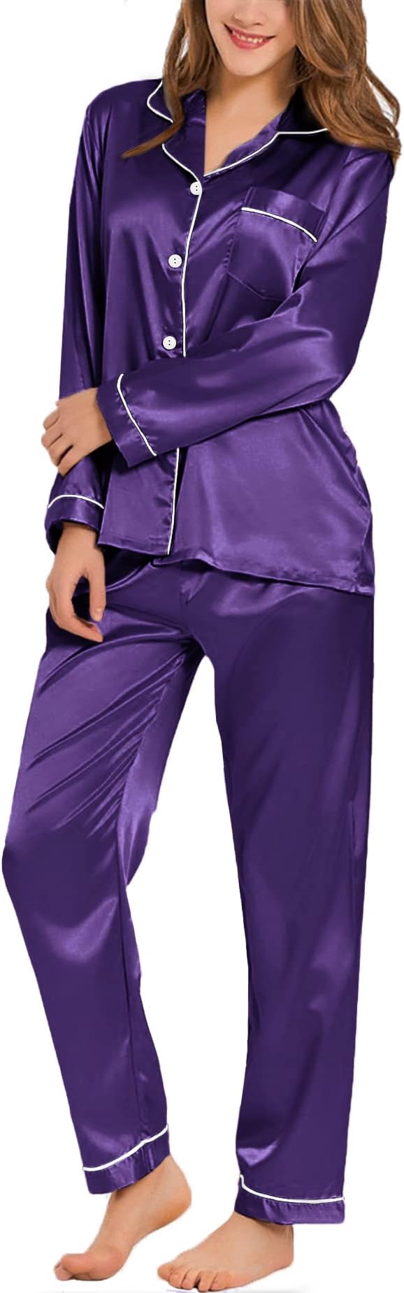 SWOMOG Womens Silk Satin Pajamas Set Long Sleeve Button Down Sleepwear 2 Piece Lounge Set Pj Set XS-3XL