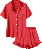 Umeyda Girls & Women Satin Pajamas Set Button Down 2 Piece Silk Pjs Shorts Set Ruffle Sleepwear, 5 Years-Women L