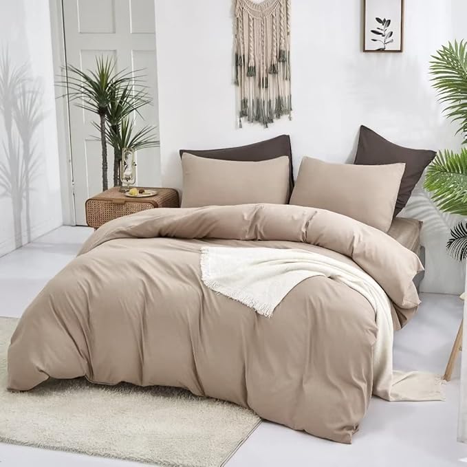 CLOTHKNOW Khaki Full Size Comforter Set 3Pcs Taupe Bedding Comforter Sets Soft Tan Bedding Beige Coffee Comforter with 2 x Pillow Cases