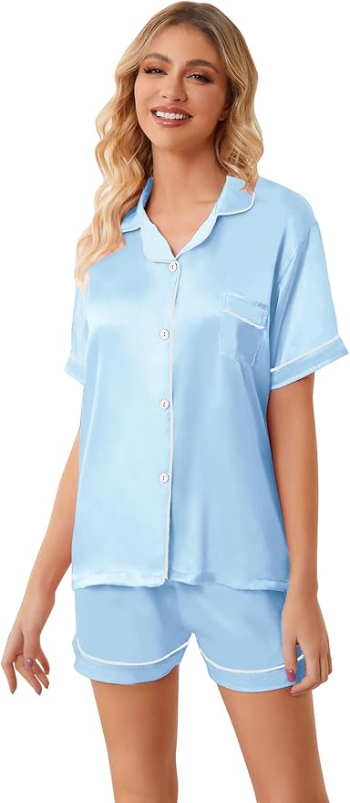 Umeyda Women & Girls Pajamas Set, Soft Satin Lightweight Silk Button-Down Top with Shorts 2 Piece PJS for Mom Boys Kids Gifts
