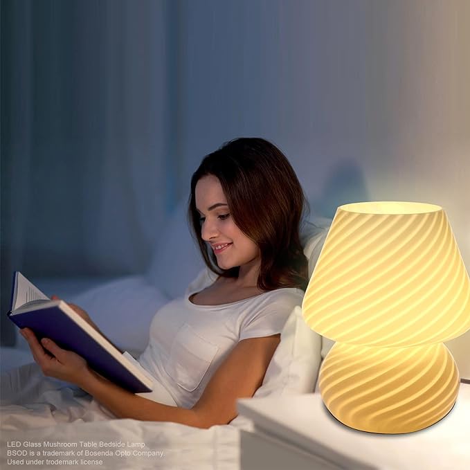 BSOD Pink Mushroom Lamp,Glass Mushroom Bedside Table Lamps Translucent Murano Vintage Style Striped Small Nightstand Desklamp Swirl Light for Home Decor, Dining, Living, Bedroom, Gift (Stripe Pink)