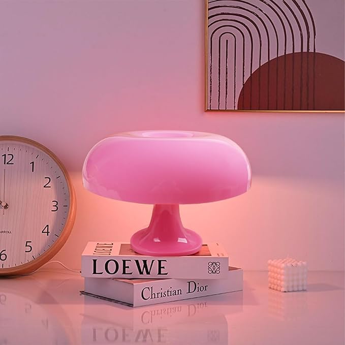 25W Pink Mushroom Lamp, LED Retro Table Lamp with 3 Color Temperatures and 4 Bulbs, Mid Century Modern Nightstand Light for Bedroom, Living Room, Office Aesthetic Decor, US Plug Powered, E14 Sockets