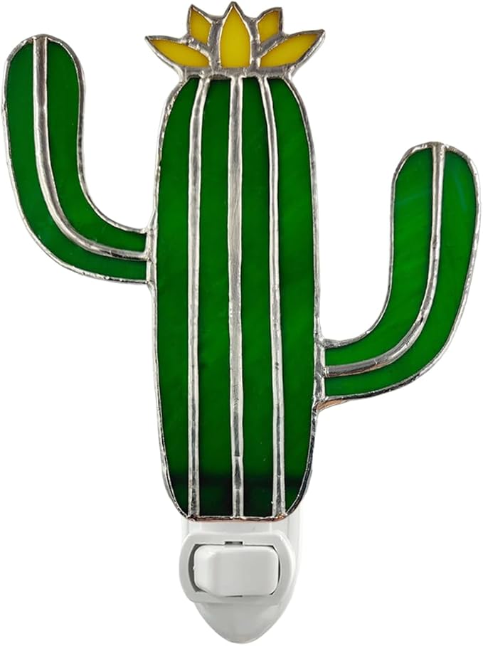 Stained Glass Night Light Plug into Wall Lamp Decorative Accent Nightlight for Hallway Bedroom Bathroom Kitchen Nature Themed Home Décor (Cactus)