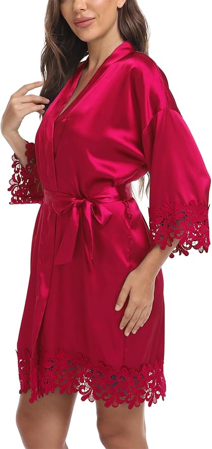 Womens Short Satin Robe Lace Trim Silk Kimono Sleepwear Bridesmaid Robes for Bride Wedding Party Nightgown