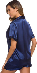 SWOMOG Womens Silk Satin Pajamas Set Short Sleeve Sleepwear Button Down Top and Shorts Loungewear 2 Piece Pjs Set XS-3XL
