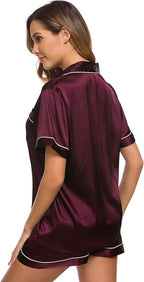 SWOMOG Womens Silk Satin Pajamas Set Short Sleeve Sleepwear Button Down Top and Shorts Loungewear 2 Piece Pjs Set XS-3XL