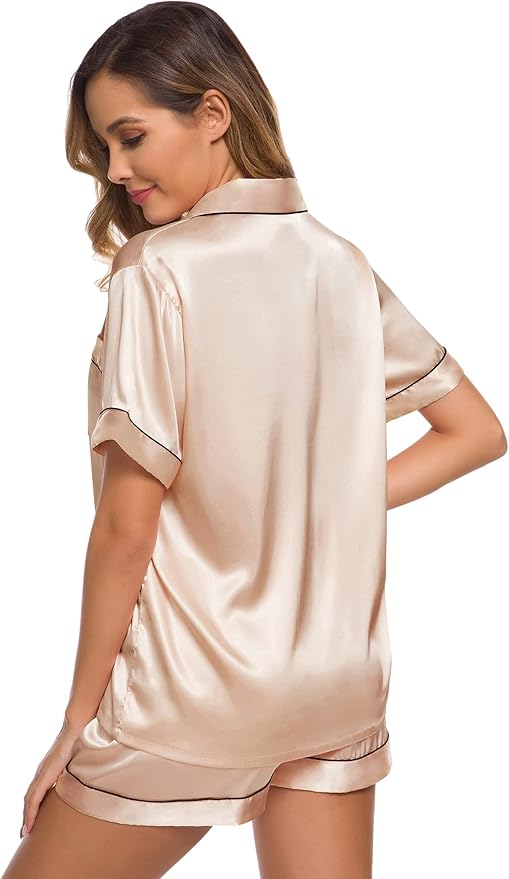 SWOMOG Womens Silk Satin Pajamas Set Short Sleeve Sleepwear Button Down Top and Shorts Loungewear 2 Piece Pjs Set XS-3XL