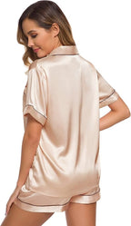 SWOMOG Womens Silk Satin Pajamas Set Short Sleeve Sleepwear Button Down Top and Shorts Loungewear 2 Piece Pjs Set XS-3XL