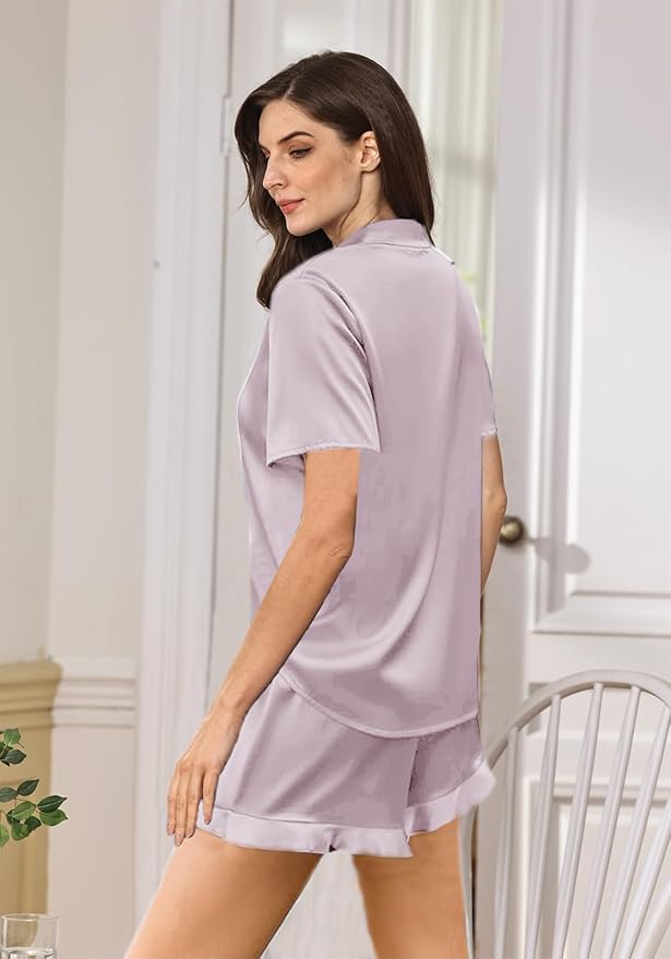 WJing Yi Jia Ruffle Pajama Sets For Women XS-4XL Womens Silk Satin Pajamas Set Silky Sleepwear Pj Sets Nightwear Loungewear