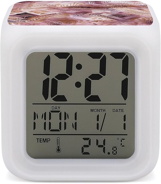 Pretty Peach Pattern Alarm Clock with 7 Color Changing Night Light Loud Digital Alarm Clock for Heavy Sleeper Electric Desk Clocks with Temperature Display Wake Up Digital Clocks