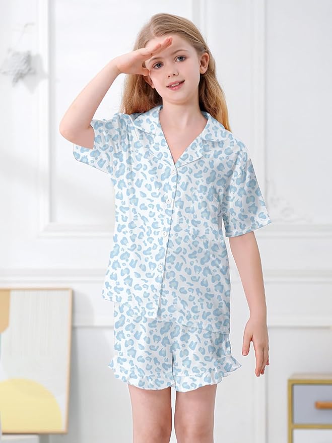 Umeyda Girls & Women Satin Pajamas Set Button Down 2 Piece Silk Pjs Shorts Set Ruffle Sleepwear, 5 Years-Women L