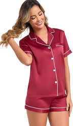 Serenedelicacy Women's Satin Pajama Set 2-Piece Sleepwear Loungewear Button Down Short Sleeve Silky PJ Set