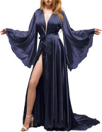 BATHGOWN Women's Satin Robe Black Silk Kimono Bride Robe for Wedding Day Lightweight Long Lace Loungewear Sleepwear