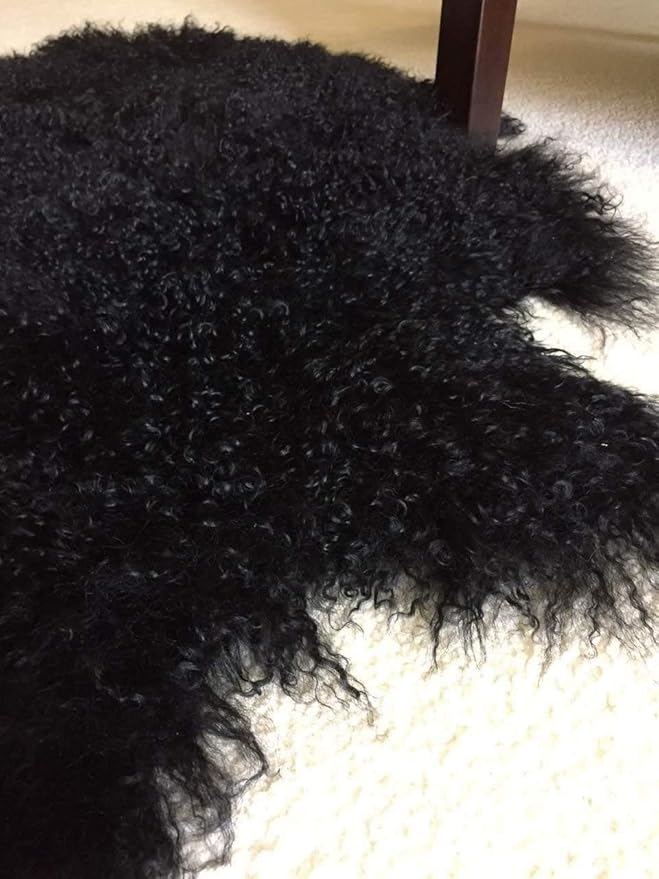 Genuine Tibetan/Mongolian Lambskin Sheepskin Hide Pelt Throw Area Rug Plate Wool Carpet Real Sheep Fur in Bedroom, Living Room 3.5x2Ft (Black)