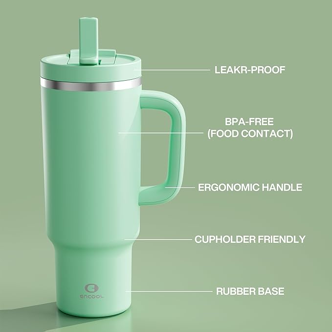 40 oz Tumbler with Handle and Straw: Stainless Steel Insulated Tumbler Keeps Cold for 24 Hours, Leakproof Travel Cup Fits in Cup Holder and BPA-Free,Brook Green