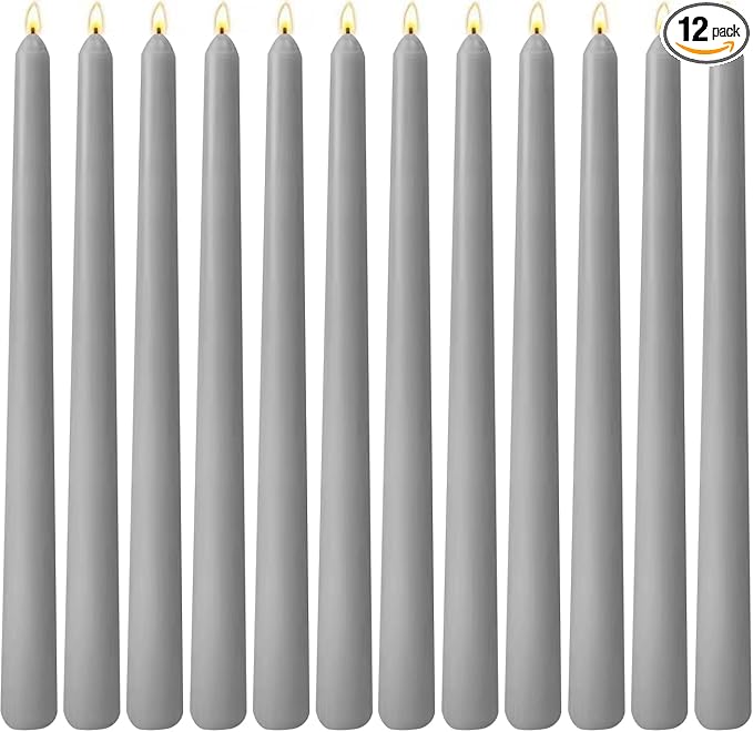 10-Inch Gray Taper Candles, 12 Pack Unscented and Dripless Candlesticks, Long-Lasting Burn Time of 7-8 Hours, Perfect for Home Décor, Weddings, and Events