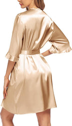 Ekouaer Women's Satin Robe Valentines Lingerie for Women Kimono Bathrobe Short Ruffle Belted Robes Bridesmaids Sleepwear