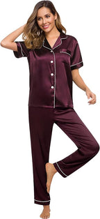 SWOMOG Women Satin Pajamas Set Short Sleeve Top & Pants Sleepwear Silky Button Down Nightwear 2pcs Loungewear Pjs Set