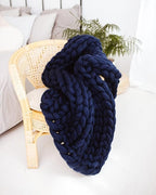 Throw Blanket Full Size 54"x75" for Bed - Chunky Knit Blanket, Boho Throw Blanket for Couch 100% Merino Wool (Navy Blue, 54"x75")