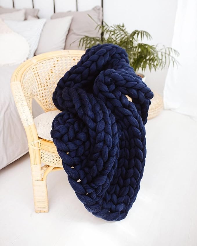Throw Blanket Full Size 54"x75" for Bed - Chunky Knit Blanket, Boho Throw Blanket for Couch 100% Merino Wool (Navy Blue, 54"x75")