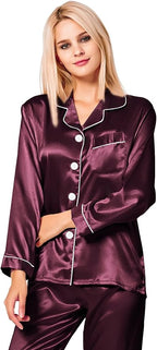 SWOMOG Womens Silk Satin Pajamas Set Long Sleeve Button Down Sleepwear 2 Piece Lounge Set Pj Set XS-3XL