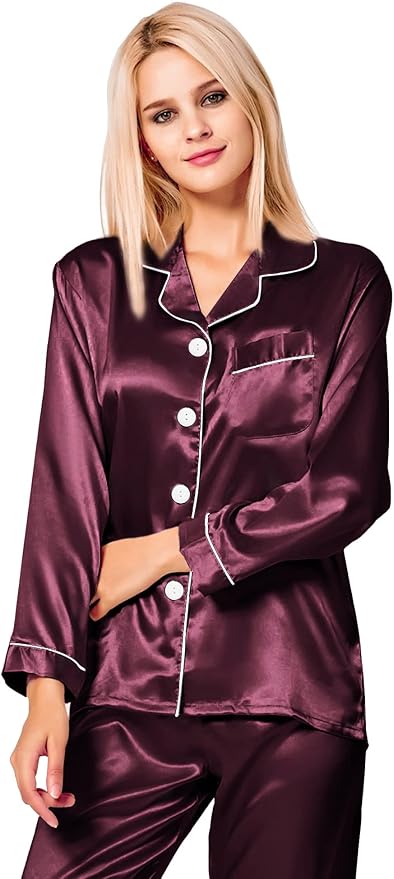 SWOMOG Womens Silk Satin Pajamas Set Long Sleeve Button Down Sleepwear 2 Piece Lounge Set Pj Set XS-3XL