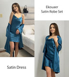 Ekouaer Women's Satin Robe Set Nightgown with Robes Silk Pajama Set 2 Pieces Lingerie Cowl Neck Cami Sleepwear Sets