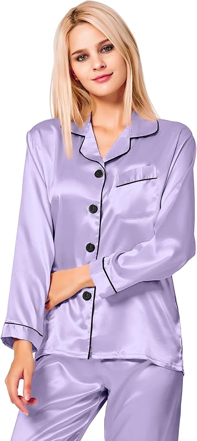 SWOMOG Womens Silk Satin Pajamas Set Long Sleeve Button Down Sleepwear 2 Piece Lounge Set Pj Set XS-3XL