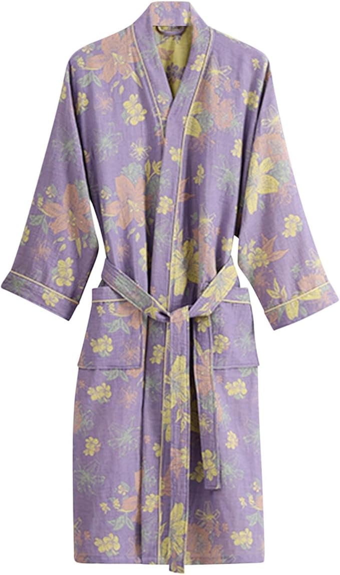 Womens Boho Floral Print Robe Lightweight Short Sleeve Bathrobe Soft Kimono Robes V-neck Loungewear with Pockets