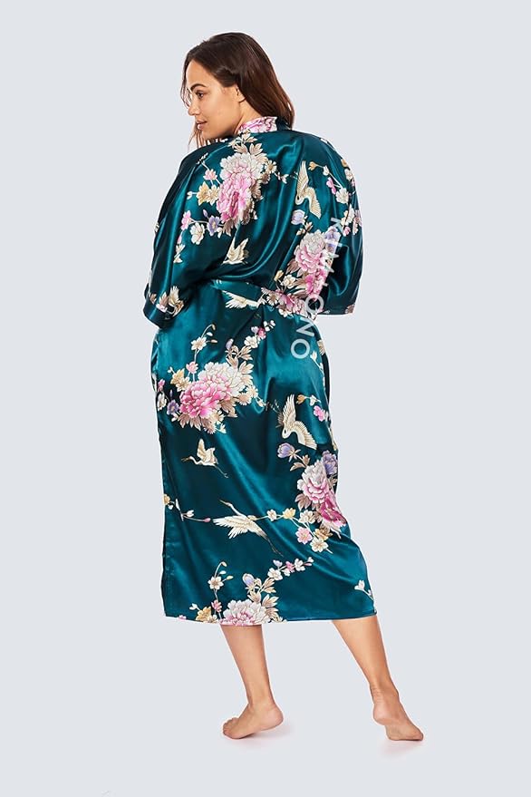 KIM+ONO Plus Size Luxury Kimono Robe for Women | Long Satin Floral Robe | Original Design | Removable Waist Tie Closure