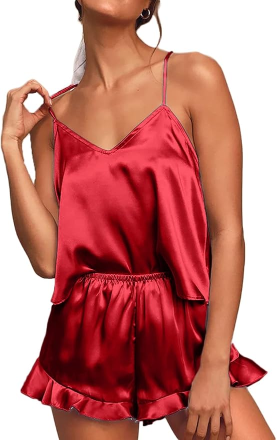 CHYRII Women's Sexy Silk Satin Ruffled Pajamas Sets Cami Shorts Sets Sleepwear