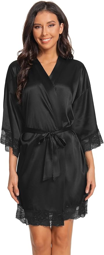 Kihnop Women's Satin Robe Silk Robe Lace Bridal Robes for Bride Bridesmaid Robes Silky Bathrobe Getting Ready Sleepwear