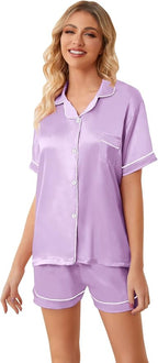 Umeyda Women & Girls Pajamas Set, Soft Satin Lightweight Silk Button-Down Top with Shorts 2 Piece PJS for Mom Boys Kids Gifts